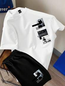 Chillumni Unisex "NEW MOMENT" "THE PAST" Black & White Image Collage Design Crew Neck T-Shirt & Shorts Set, Classic Retro Minimalist 2-Piece Outfit - Multicolor - View 1