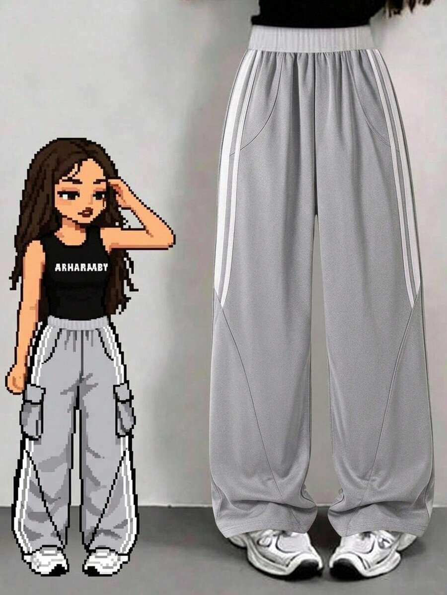 Casuvi Kids Casuvi Tween Girls Daily Basic Loose Minimalist Casual Knit Pocket White Striped Sweatpants - Grey - View 1