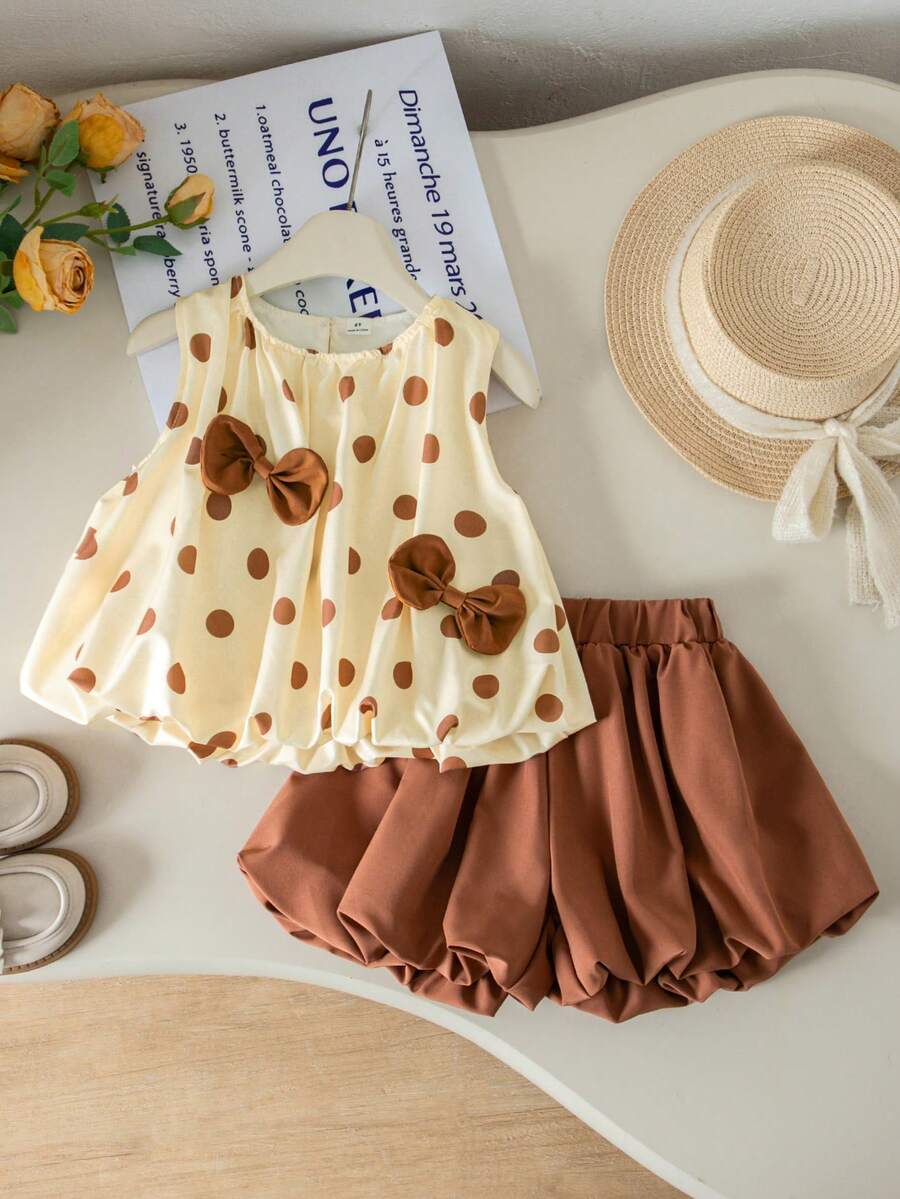 SHEIN Genkimix Kids 2件組少女3D蝴蝶結裝飾休閒時尚無袖上衣 + 休閒時尚純色開花短褲 - 彩色 - 查看 1