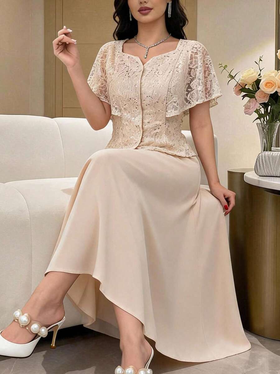 Feyla 女款優雅成熟亮片蕾絲上衣與裙子兩件套，米色夏季婚禮派對晚餐新娘母親裝