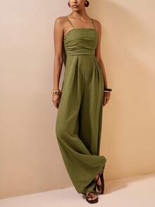 Zivah Women Olive Green Summer Casual Vacation Holiday Jumpsuit, Spaghetti Strap Front Ruched Real Pockets Loose Wide Leg Pants, Vertical Texture Fabric - Army Green - View 10