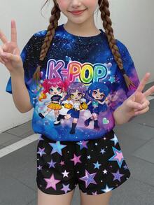 少女可愛休閒卡通女團圖案 星形短袖T恤與短褲兩件套 夏季適用 - 彩色 - 查看 2