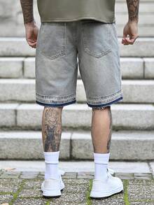 Devon Thys 男士破洞毛边大码牛仔短裤纯色破洞牛仔短裤宽松派对牛仔短裤，适合送给老公、男朋友的礼物 - 淺色水洗藍 - 查看 2