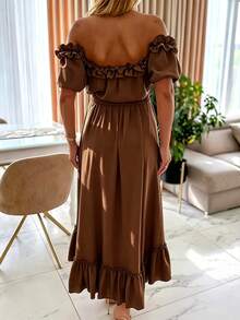 Louniche Summer Elegant Solid Color Off-Shoulder Ruffle Hem Dress - Coffee - View 2