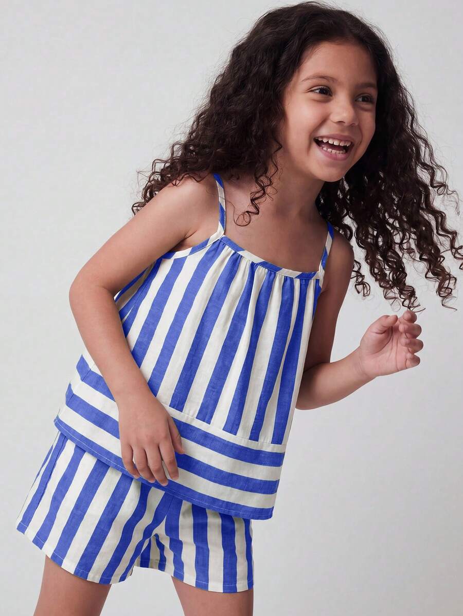 Maija Kids Maija Kids 女童編織條紋背心與短褲休閒度假套裝 - 藍白色 - 查看 1