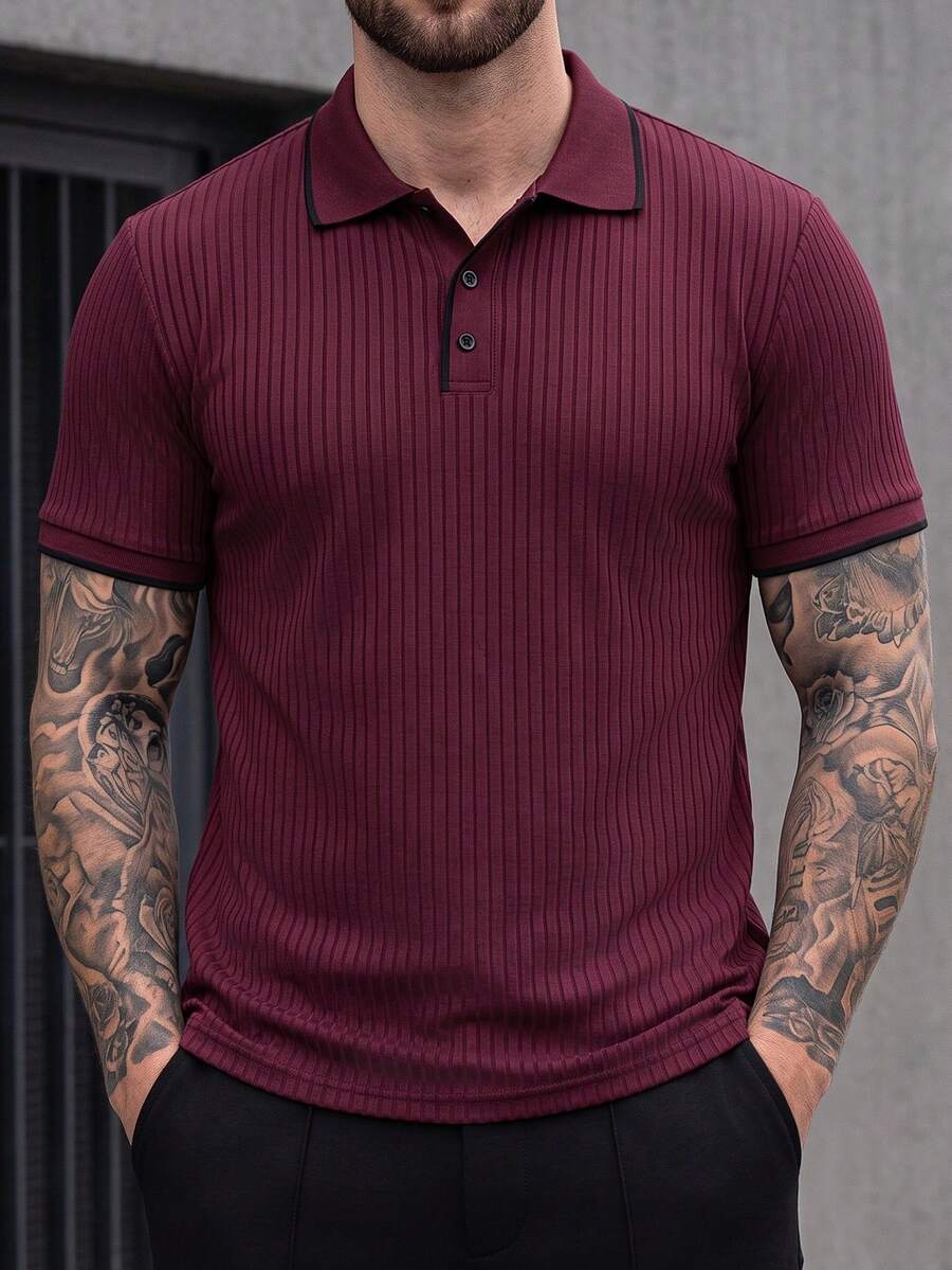 Manfinity CasualCool 男士紋理鈕扣半開襟短袖 Polo 衫 - 酒紅色 - 查看 1