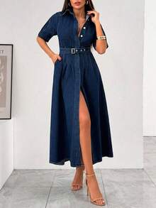 EURMUSE Vestido largo de mezclilla rígido con detalles de falda con volantes - Azul lavado oscuro - Ver 4