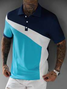 Manfinity Mode Men's Diagonal Colorblock Patchwork Polo Shirt, Summer Collared Polo Shirt - Multicolor - View 5