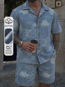 DAZY Men's Plus Size Short Sleeve Single-Breasted Shirt And Shorts Casual Denim Set Summer - Blue - View 1