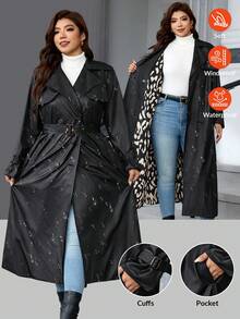 Reflora Plus Size Fashion Street Button PU Material Long Sleeve Trench Coat Fall - Black - View 8