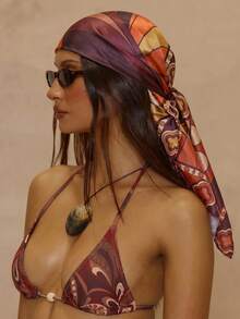 MUSERA Mixed Print Satin Headscarf Spring Summer Vacation Sexy Holiday Accessory Roja Del Sol - Multicolor - View 3