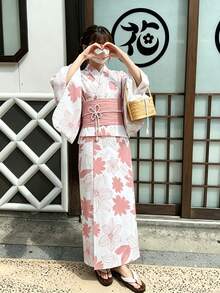Irokai 日式女款印花傳統兩件式浴衣和服，適合夏季祭典 - 淺粉色 - 查看 1