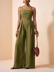 Zivah Women Olive Green Summer Casual Vacation Holiday Jumpsuit, Spaghetti Strap Front Ruched Real Pockets Loose Wide Leg Pants, Vertical Texture Fabric - Army Green - View 4