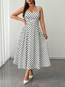 Elenzga Black And White Contrasting Striped Square Neck Knitted Waist Strap Elegant Party Daily Dress - Black and White - View 3