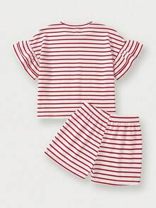 SHEIN 少女夏季休闲条纹荷叶边T恤和短裤套装 - 紅色 - 查看 3