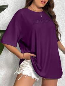 Shapeblank Kaos Plus Size Motif Huruf Bordir Bahu Jatuh Ukuran Besar untuk Anak Perempuan Warna Ungu - Violet Purple - View 3