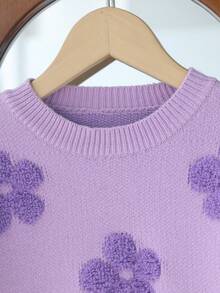 SHEIN Vintaside Kids 女童大童紫色與淺紫色圓領3D提花軟針織套頭上衣，可愛甜美簡約長袖，適合秋冬居家、外出、派對、拍照與戶外玩耍 - 紫色 - 查看 7