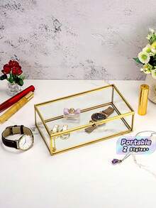 Vintage Rectangular Glass Jewelry Storage Box With Lid, Trinket Display Case For Rings Bracelets Home Decor, European Retro Hexagonal Glass Coasters Embossed Golden Brass Edge Non Slip Table Mat For Jewelry Tabletop. - Gold - View 1