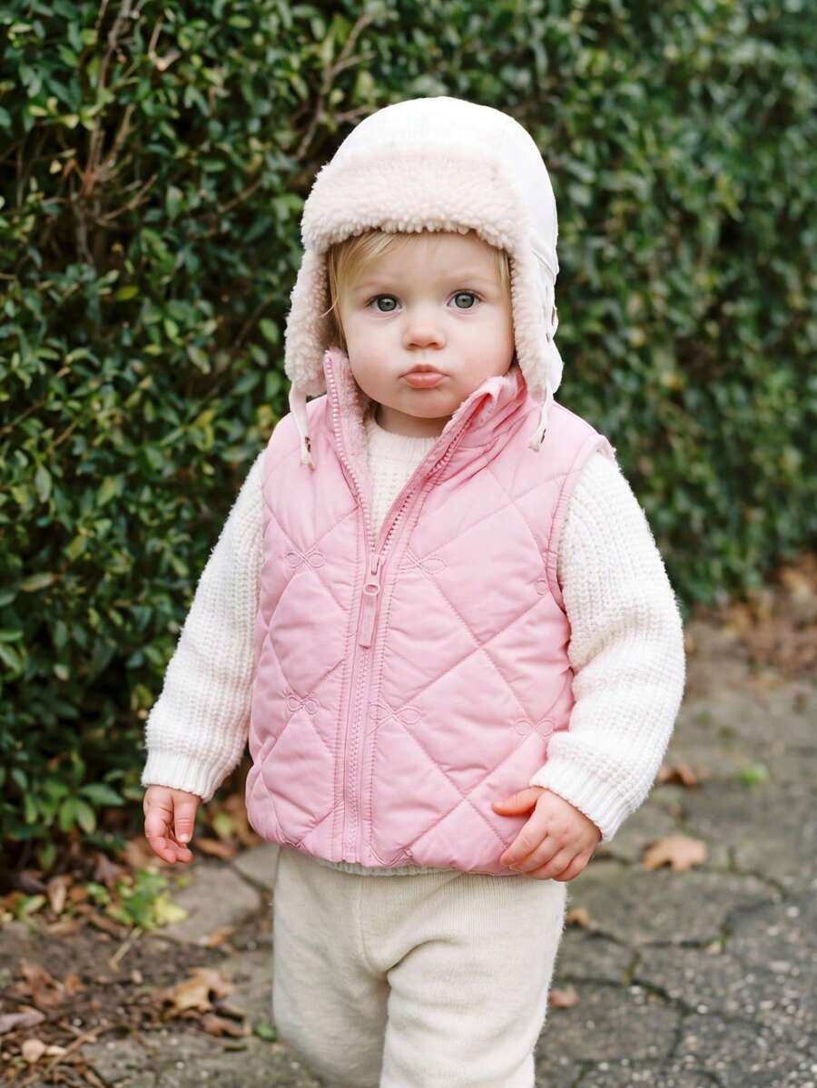 SHEIN Vintaside Kids 女嬰純色保暖內裡拉鍊休閒百搭冬季棉墊背心 - 粉色 - 查看 1
