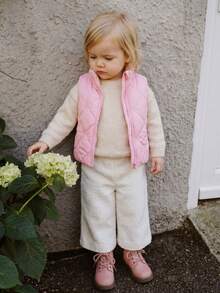 SHEIN Vintaside Kids 女嬰純色保暖內裡拉鍊休閒百搭冬季棉墊背心 - 粉色 - 查看 3