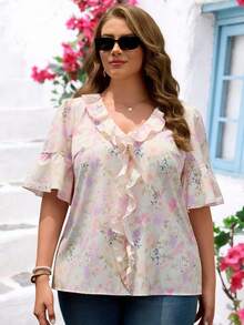 EMERY ROSE Camisa de moda con estampado floral y volantes con cuello en V para mujer talla grande para vacaciones - Multicolor - Ver 4