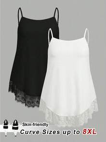 SHEIN CURVE+ 大尺碼黑白兩件式娃娃風細肩帶背心套裝，適合居家、街頭與度假穿著 - 黑與白 - 查看 7