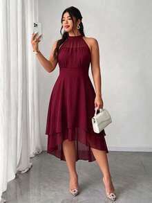 Elenzga Đầm size lớn cổ tròn sát nách, hai lớp bèo nhún, gấu váy bất đối xứng - Màu Đỏ Sâu - Xem 3