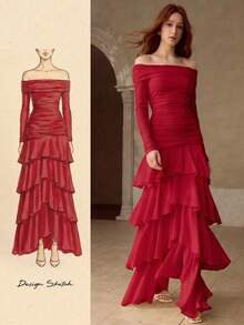 MOTF PREMIUM WOMEN'S RUCHED TEXTURE RUFFLE HEM OFF SHOULDER LONG DRESS, AUTUMN/WINTER - Red - View 7