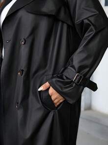 Reflora Plus Size Fashion Street Button PU Material Long Sleeve Trench Coat Fall - Black - View 5