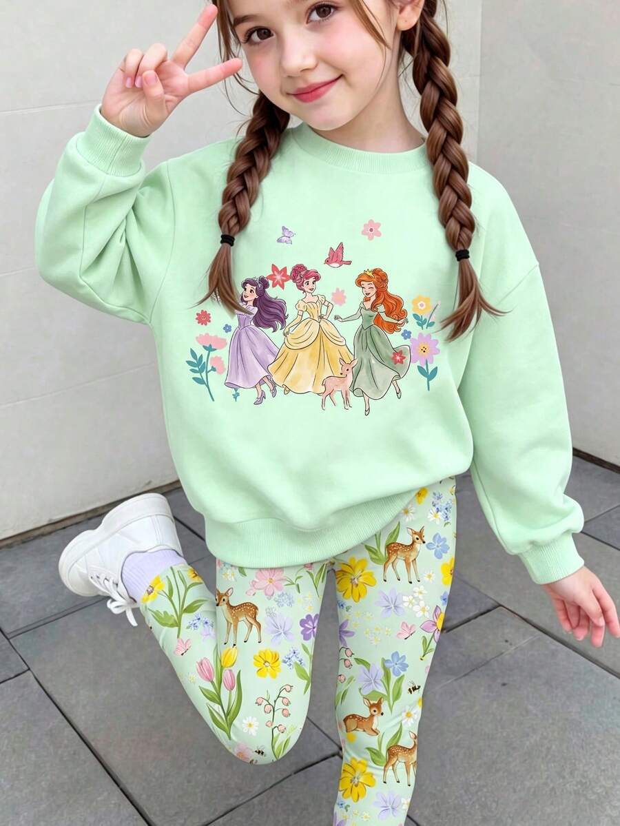 SHEIN 1套女童休閒舒適時尚清新可愛甜美卡通公主圖案與花卉印花圓領運動衫搭配緊身褲套裝,適合秋冬外出、假期、上學、生日等場合 - 彩色 - 查看 1