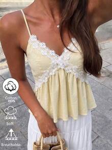 Flora Isola Flora Isola 女款春夏休閒度假沙灘純棉蕾絲飾邊A字版型素色細肩帶背心 - 黃色 - 查看 5