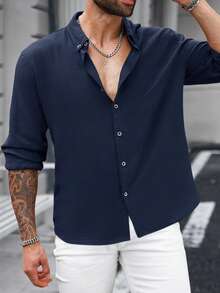 Manfinity CasualCool Men's Plus Size Casual Versatile Solid Color Shirt - Navy Blue - View 5