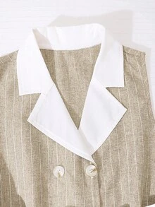 2件組 青少年女孩休閒返校夏季條紋無袖背心附腰帶與高腰寬腿褲 - 杏色 - 查看 5