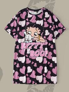 Betty Boop x SHEIN Plus Size Cartoon Polka Dot Heart Print Nightgown - Black - View 1