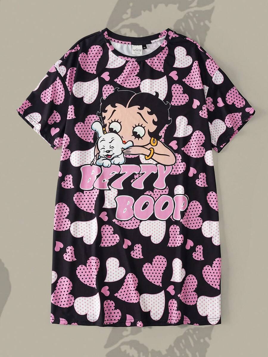 Betty Boop x SHEIN Plus Size Cartoon Polka Dot Heart Print Nightgown - Black - View 1