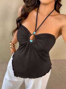 Auralis Áo kiểu boho gợi cảm thập niên 70 size lớn, cổ yếm hở lưng, gấu lệch, phong cách thường ngày, đi tiệc và du lịch mùa hè, màu nâu chocolate - màu nâu - Xem 4