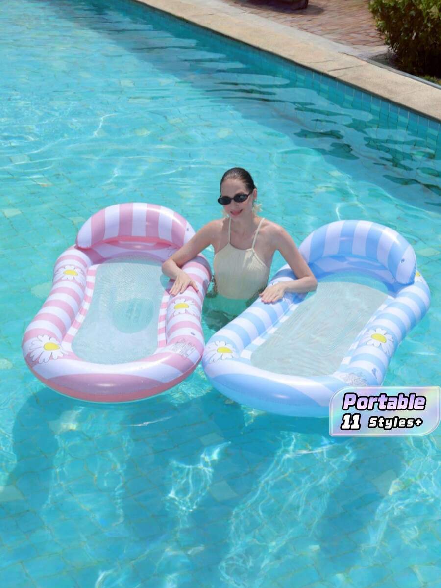 1pc Inflatable Pool Float – Striped Mesh Water Hammock & Mermaid Gradient Glitter Floating Lounge, Summer Pool Floats For Adults - No lounge chair - View 1