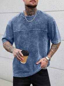 SLATEMANN 男士大尺碼夏季休閒水洗短袖T恤 - 藍色 - 查看 3