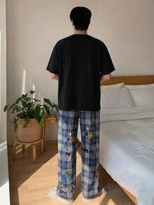 DAZY Men's Round Neck Cat Print Short Sleeve Top And Plaid Long Pants Casual Daily Home Wear Set - Multicolor - View 2