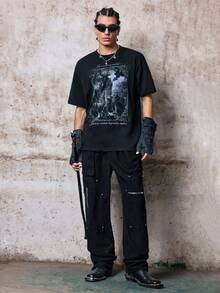 Skyrend 男士休閒標語印花圓領短袖T恤，夏季百搭哥德龐克街頭風Emo男孩圖案男款T恤 - 黑色 - 查看 6