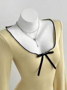 Elamini Soft Pure Sweet Contrast Color Ruffle Bow Tight Elastic Flared Long Sleeve Mini Dress - Light Yellow - View 4