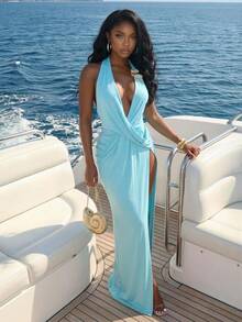Slaydiva Frühling/Sommer Neues Damen Urlaubs-Strandoutfit: Elegantes tropisches sexy plissiertes hellblaues rückenfreies Neckholder-Kleid Badeanzug-Cover-Up Badeanzüge - Babyblau - Übersicht 6