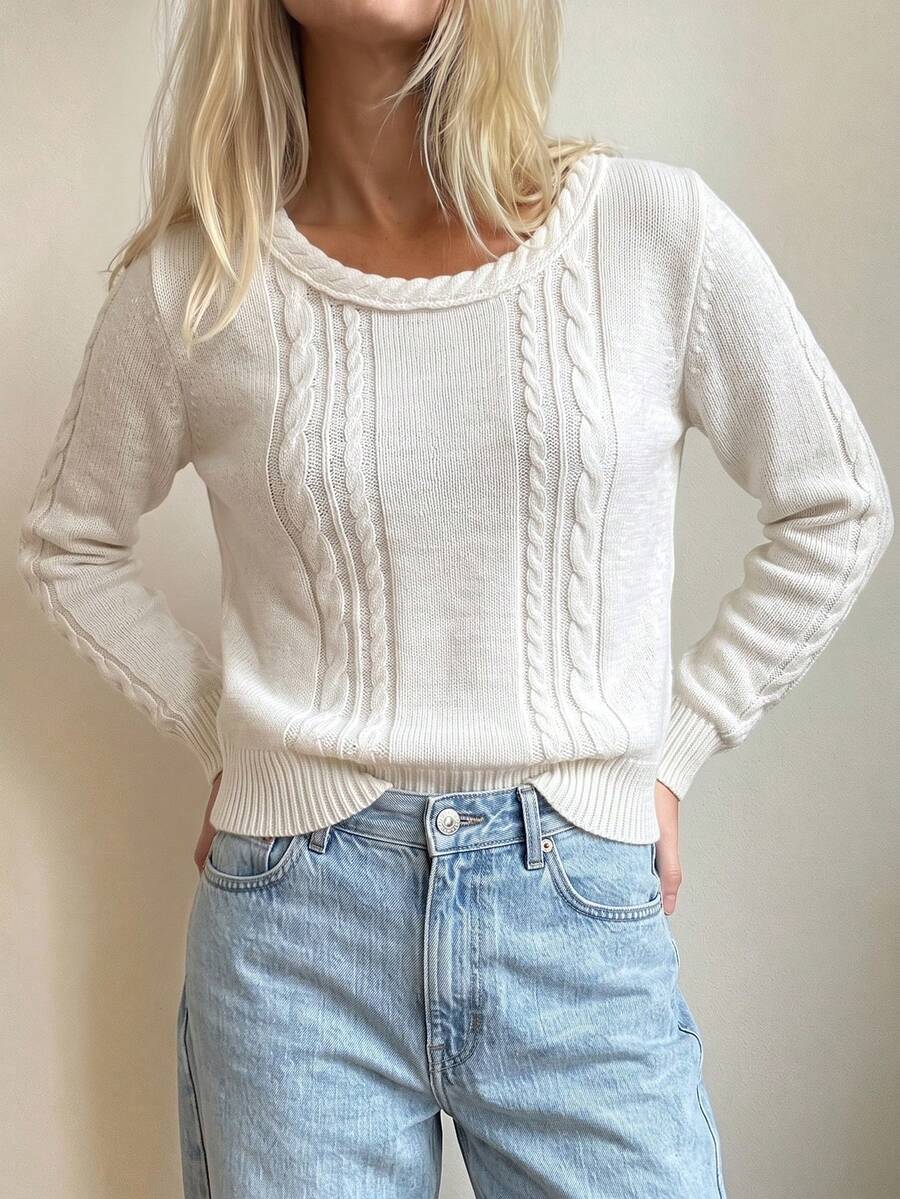 Sprig & Strand Women's Vintage Round Neck Knitted Cable Knit Inner Top - Beige - View 1