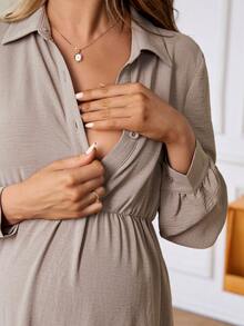 SHEIN Vestido de blusa de maternidad con mangas largas y funcionalidad de lactancia - Caqui - Ver 7