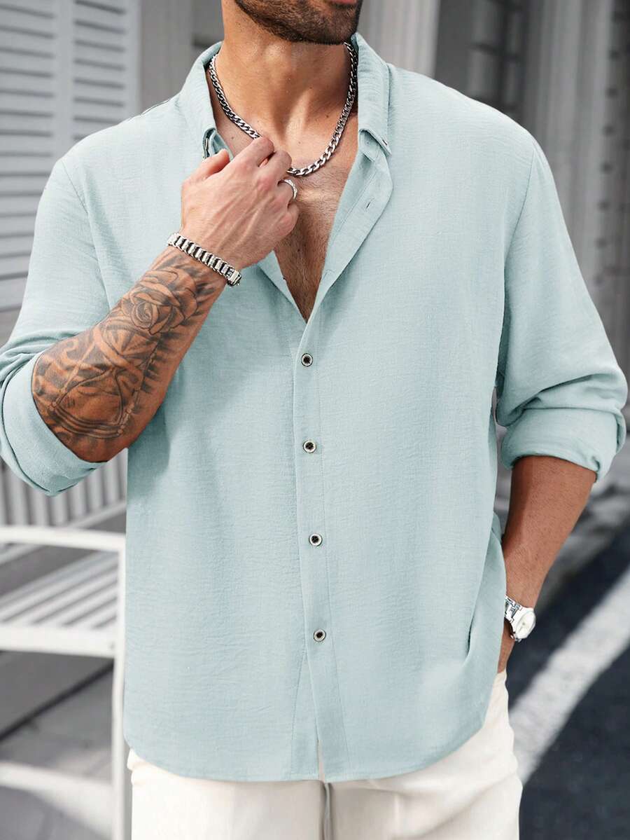 Manfinity CasualCool Men's Plus Size Casual Versatile Solid Color Shirt - Green - View 1