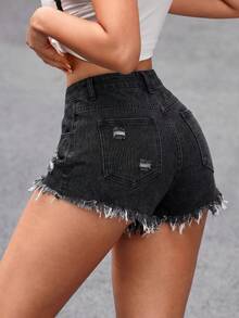 SHEIN PETITE 女款休閒破洞牛仔短褲，夏季，小個子女性 - 灰色 - 查看 2