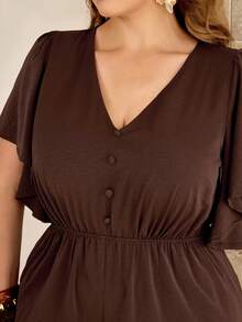 Roveilla Plus Size Women's Solid Color V-Neck Button-Up Waist-Cinching Elastic Adjustable Loose Wide Leg Long Pants Umbrella Sleeve Short Sleeve Brown Jumpsuit - Brown - View 10