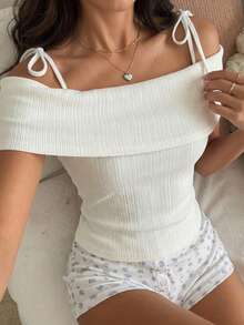 DAZY Women Solid Color Spaghetti Strap Elegant Short Sleeve T-Shirt, Summer,Shoulder Strap Top School Going Out Tops Cute Tops - White - View 10