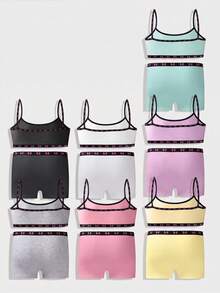 7 Sets Random 3-Piece Girls' Simple Basic Solid Color Letter Contrast Camisole & Shorts Underwear Set - Multicolor - View 2