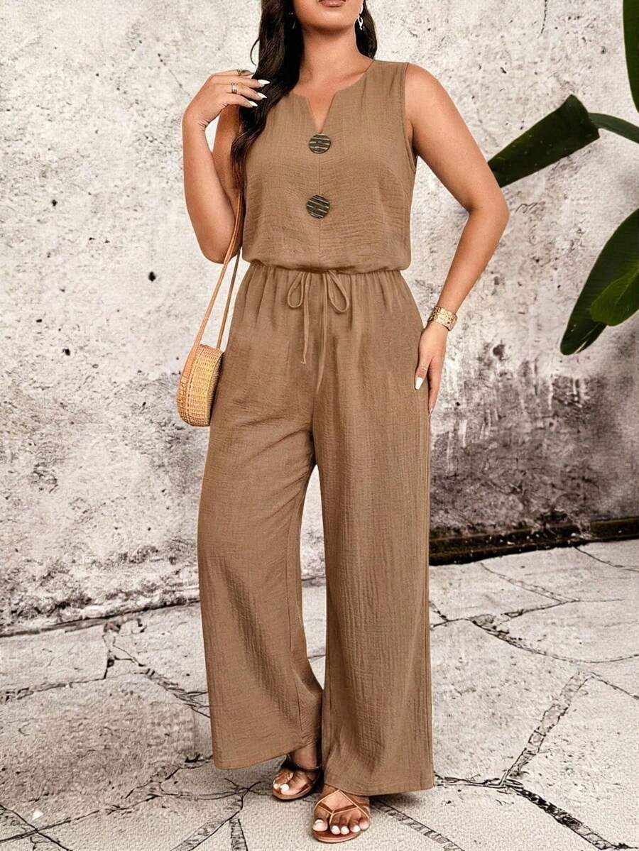 Breezaya Plus Size Casual Notch Round Neck Front Decorative Buckle, Sleeveless Textured Fabric, Fitted Waist Back Zipper Jumpsuit - Khaki - View 1